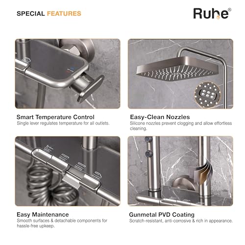 Ruhe Ripple Smart Shower Panel Set, 4-in-1 Multi Flow Functions, Piano Button Shower Panel System, Includes Overhead Shower, 3-Flow Hand Shower and Dual Mode Water Spray Health Faucet - Image 5