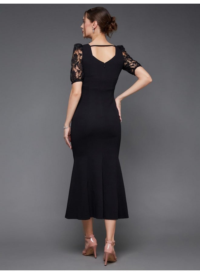 Miss Chase - Miss Chase Women's Square Puff Sleeve Solid Lace Overlaid Ankle Length Dress (MCSS23D79-01-62-03, Black, S) - Image 1