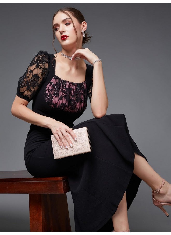 Miss Chase - Miss Chase Women's Square Puff Sleeve Solid Lace Overlaid Ankle Length Dress (MCSS23D79-01-62-03, Black, S) - Image 1