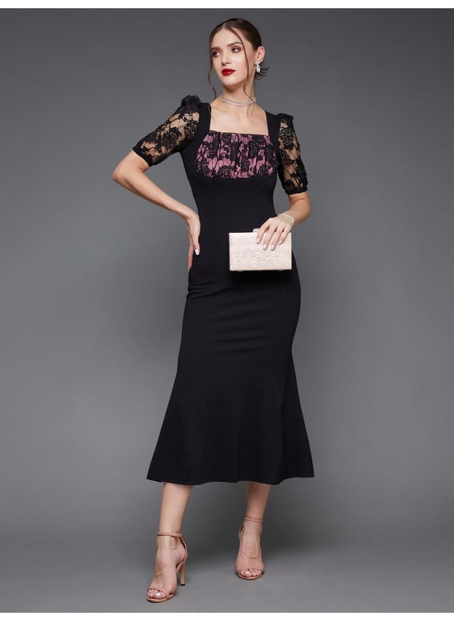 Miss Chase - Miss Chase Women's Square Puff Sleeve Solid Lace Overlaid Ankle Length Dress (MCSS23D79-01-62-03, Black, S) - Image 1