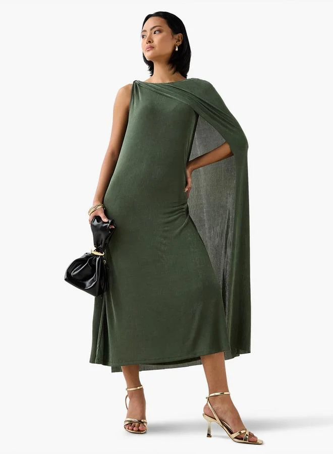 Iconic Iconic Cape Midi Sleeveless Dress with Round Neck