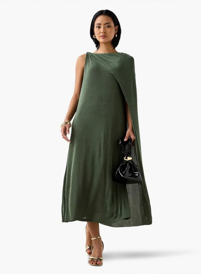 Iconic Iconic Cape Midi Sleeveless Dress with Round Neck