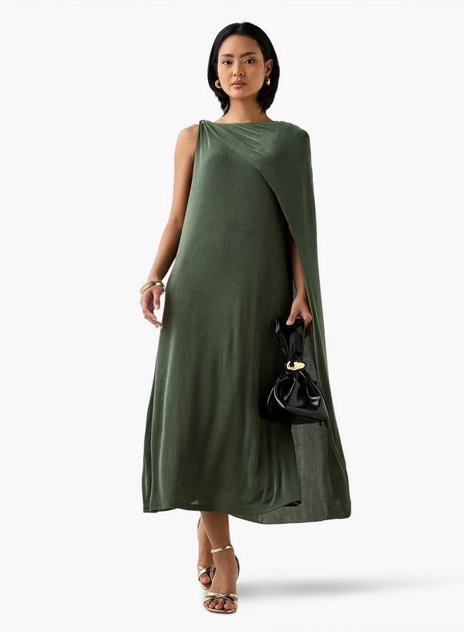 ايكونيك فستان ميدي بدون أكمام بياقة دائرية بتصميم كيب أيقوني - Image 1