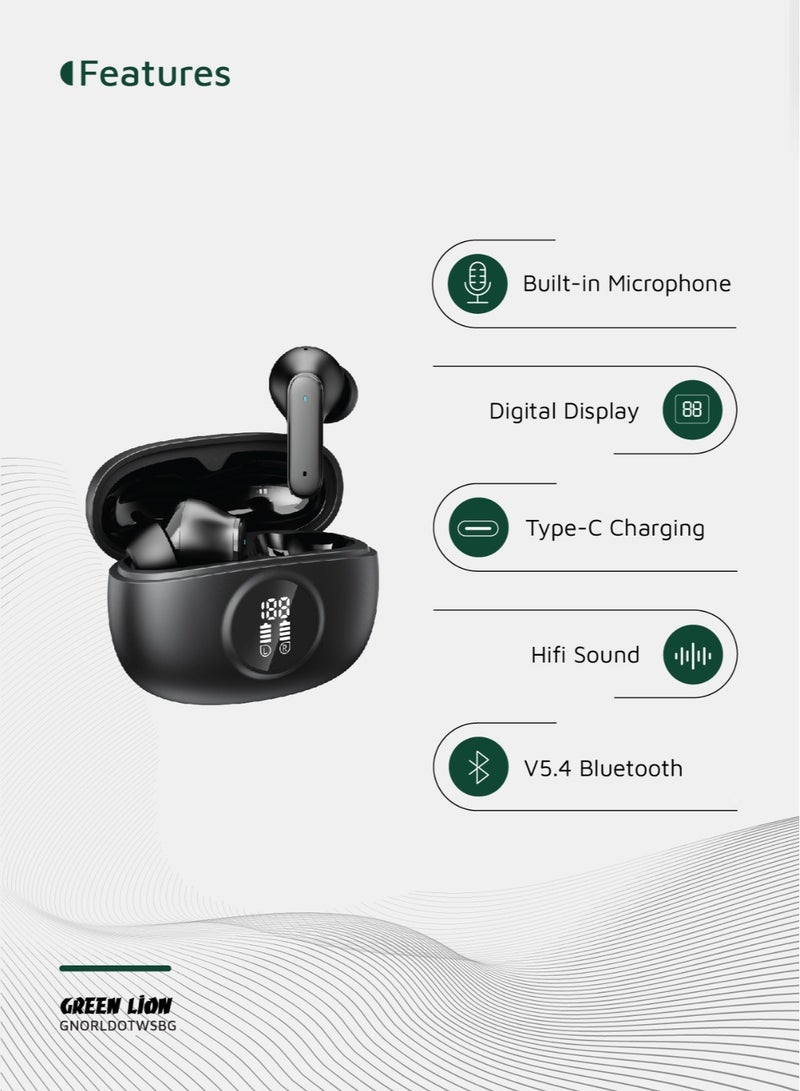جرين ليون سماعات Orlando True Wireless مع 4.5 ساعات تشغيل ومساعد صوتي / Bluetooth V5.4 / صوت HiFi / ميكروفون مدمج / مقاومة للماء IPX2 / عرض رقمي - أسود - Image 2