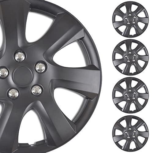 BDK غطاء عجلة بيدك 4 قطع مقاس 16 بوصة للسيارات والشاحنات وسيارات الدفع الرباعي والفانات، بديل OEM مباشر يناسب جميع الأنواع، أغطية عجلات ABS مقاس 16 بوصة - مجموعة من 4 أغطية عجلات - 7 أشعة باللون الأسود غير اللامع - Image 1