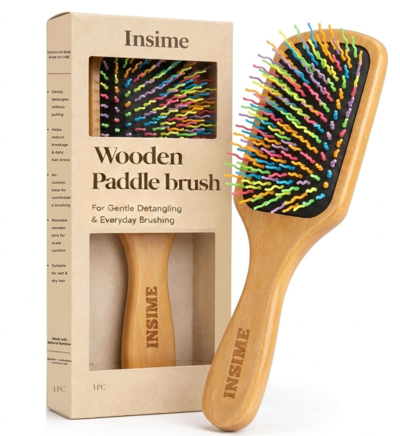 INSIME Bamboo Wooden Hair Brush for Women, Girls & Kids | Rainbow Colorful Bristle Kids Comb | Detangling Wavy Bristle Wood Brush | Paddle Hairbrush for All Hair Types (Large Size) - Image 1