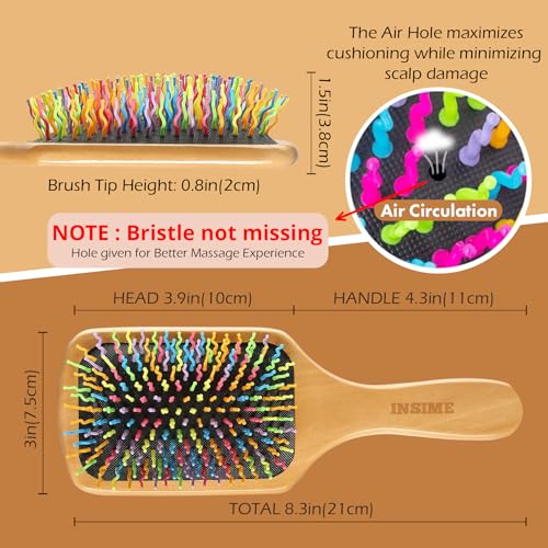 INSIME Bamboo Wooden Hair Brush for Women, Girls & Kids | Rainbow Colorful Bristle Kids Comb | Detangling Wavy Bristle Wood Brush | Paddle Hairbrush for All Hair Types (Large Size) - Image 5