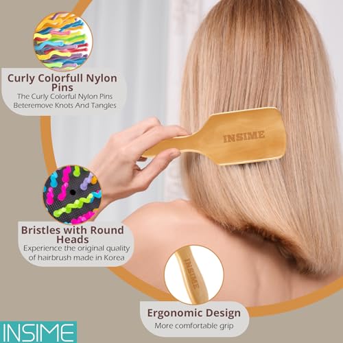 INSIME Bamboo Wooden Hair Brush for Women, Girls & Kids | Rainbow Colorful Bristle Kids Comb | Detangling Wavy Bristle Wood Brush | Paddle Hairbrush for All Hair Types (Large Size) - Image 3