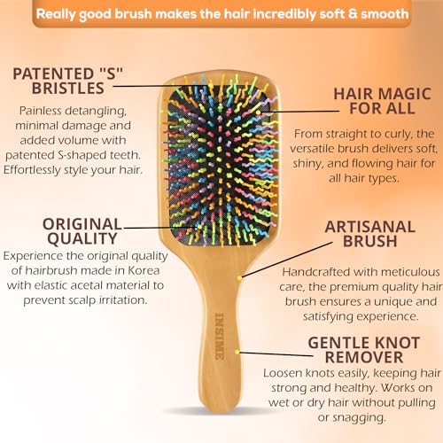 INSIME Bamboo Wooden Hair Brush for Women, Girls & Kids | Rainbow Colorful Bristle Kids Comb | Detangling Wavy Bristle Wood Brush | Paddle Hairbrush for All Hair Types (Large Size) - Image 4