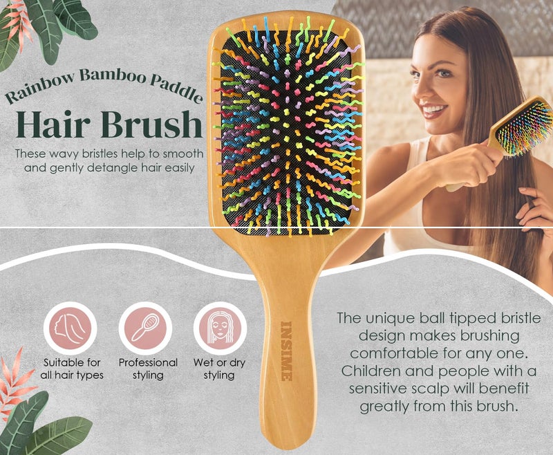 INSIME Bamboo Wooden Hair Brush for Women, Girls & Kids | Rainbow Colorful Bristle Kids Comb | Detangling Wavy Bristle Wood Brush | Paddle Hairbrush for All Hair Types (Large Size) - Image 2