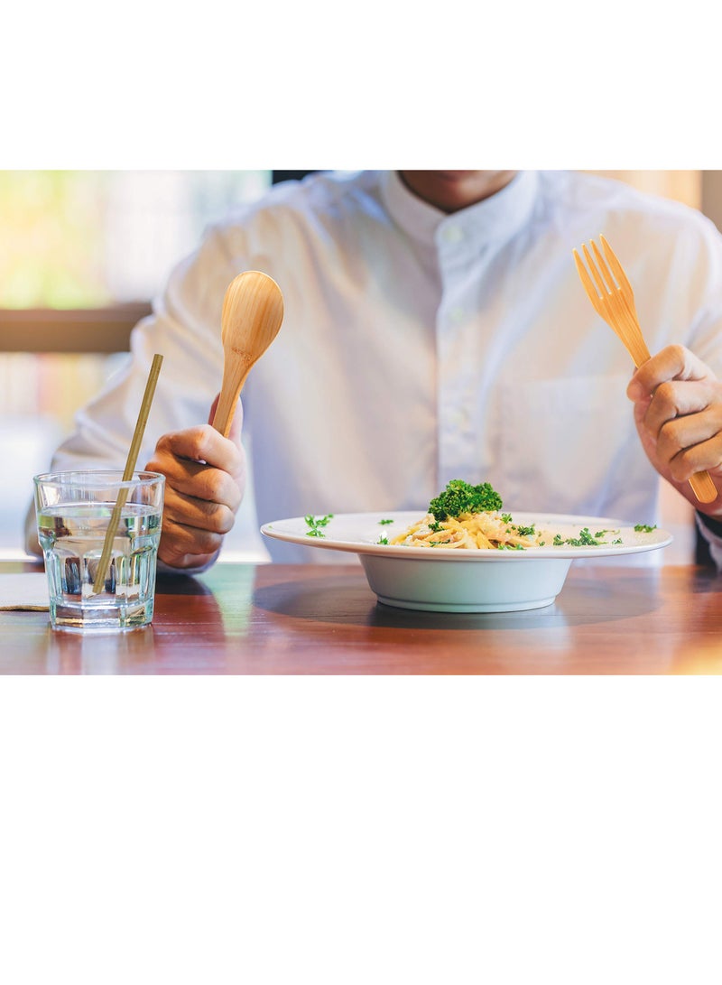 SYOSI طقم أدوات المائدة من الخيزران الطبيعي مكون من 8 قطع - مجموعة محمولة تشمل شفاطة خشبية قابلة لإعادة الاستخدام، ملعقة، عيدان تناول الطعام، شوكة، فرشاة تنظيف، حقيبة حمل للمكتب والسفر والتخييم - Image 2