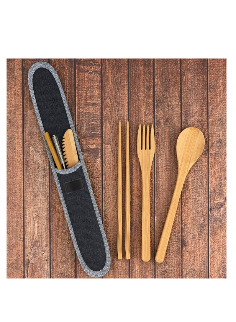 SYOSI طقم أدوات المائدة من الخيزران الطبيعي مكون من 8 قطع - مجموعة محمولة تشمل شفاطة خشبية قابلة لإعادة الاستخدام، ملعقة، عيدان تناول الطعام، شوكة، فرشاة تنظيف، حقيبة حمل للمكتب والسفر والتخييم - Image 5