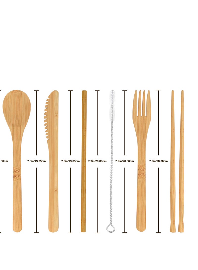 SYOSI طقم أدوات المائدة من الخيزران الطبيعي مكون من 8 قطع - مجموعة محمولة تشمل شفاطة خشبية قابلة لإعادة الاستخدام، ملعقة، عيدان تناول الطعام، شوكة، فرشاة تنظيف، حقيبة حمل للمكتب والسفر والتخييم - Image 3
