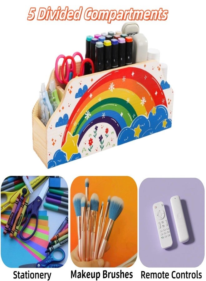 ELFULLY Rainbow Wood Pen Holder for Desk, 5-Slot Desk Organizers, Cute Pencil Holder, Office School Supplies Storage, Desktop Storage Caddy for Teacher Appreciation, Birthday Gifts, Makeup Brush - Image 5
