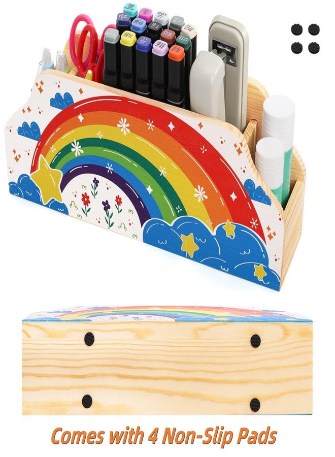 ELFULLY Rainbow Wood Pen Holder for Desk, 5-Slot Desk Organizers, Cute Pencil Holder, Office School Supplies Storage, Desktop Storage Caddy for Teacher Appreciation, Birthday Gifts, Makeup Brush - Image 4