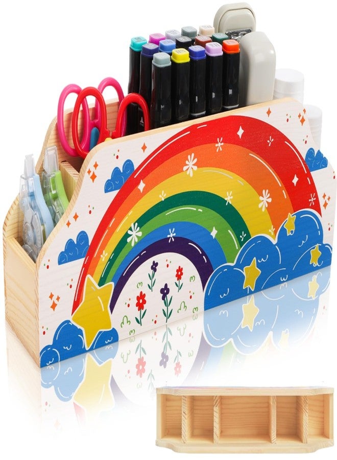 ELFULLY Rainbow Wood Pen Holder for Desk, 5-Slot Desk Organizers, Cute Pencil Holder, Office School Supplies Storage, Desktop Storage Caddy for Teacher Appreciation, Birthday Gifts, Makeup Brush - Image 1