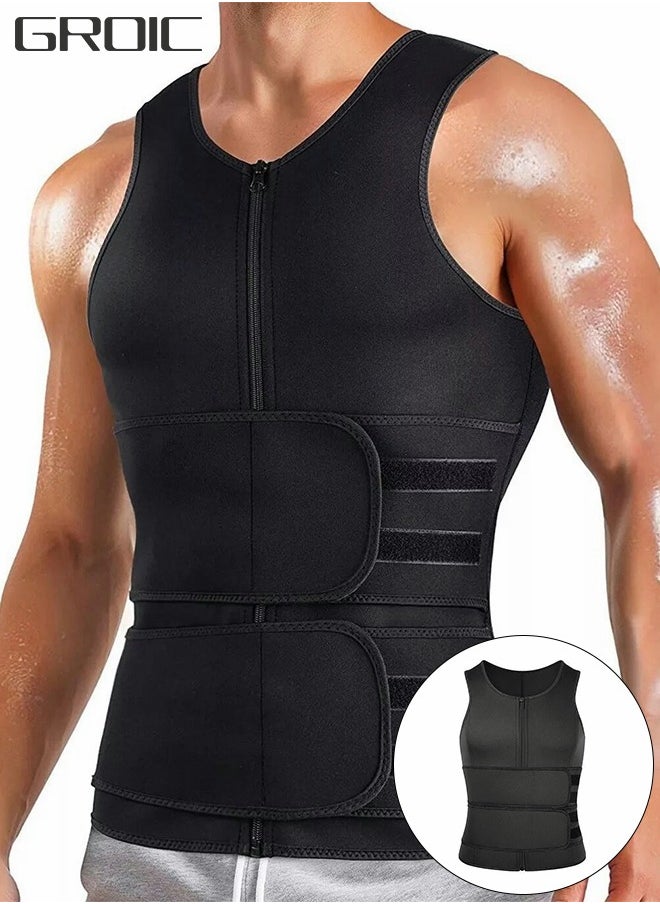 GROIC - Men's Waist Trainer Sauna Vest Weight Loss Body Shaper Sweat Vest for Men with Double Belt and Zipper, Corset Plus Size L - Image 1