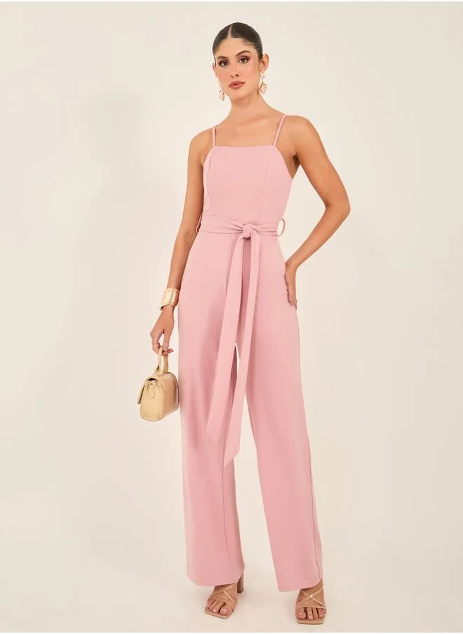 ستايلي Solid Strappy Wide Leg Jumpsuit with Waist Tie-Up Detail