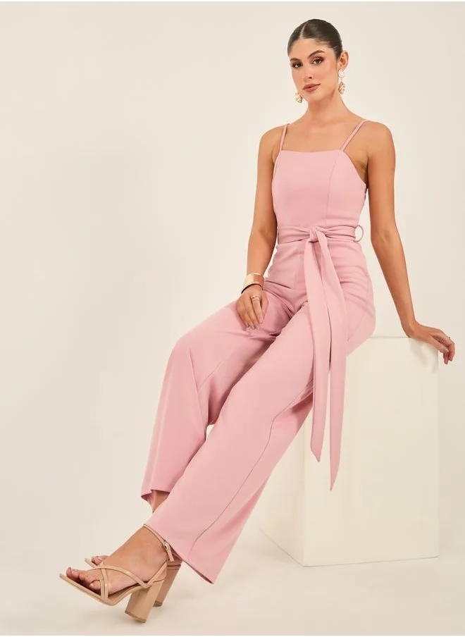 ستايلي Solid Strappy Wide Leg Jumpsuit with Waist Tie-Up Detail