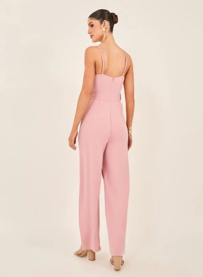 Styli Solid Strappy Wide Leg Jumpsuit with Waist Tie-Up Detail