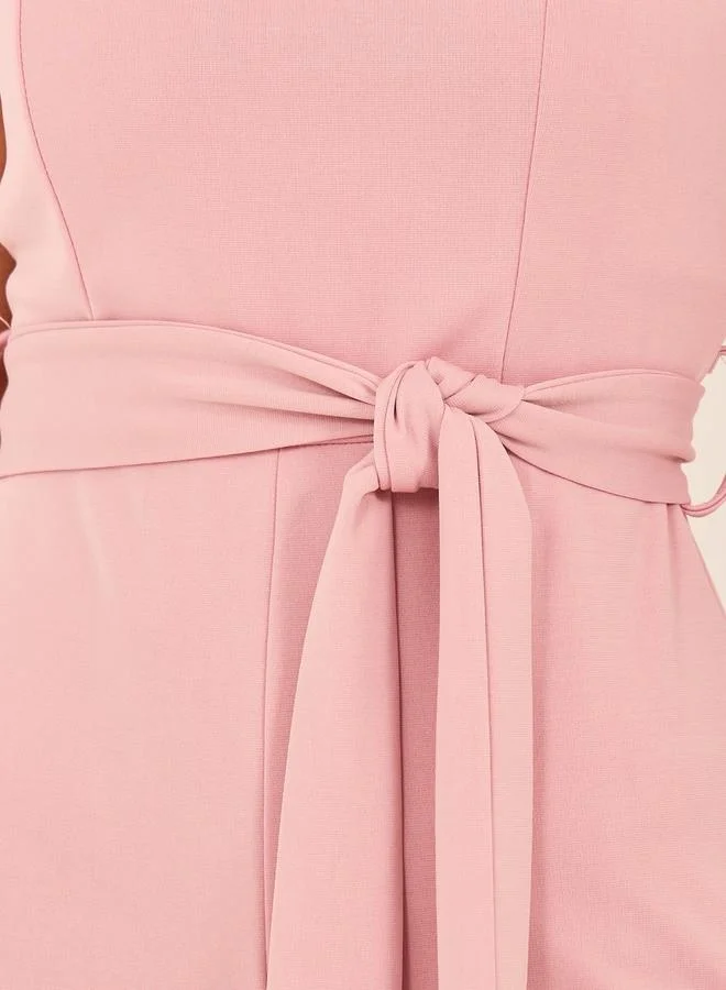 Styli Solid Strappy Wide Leg Jumpsuit with Waist Tie-Up Detail