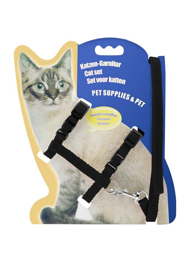 طقم حزام مقود للقطط - حزام مقود من النايلون قابل للتعديل مع مجموعة حزام للمشي مع الحيوانات الأليفة الصغيرة - سادة (أسود) - Image 1