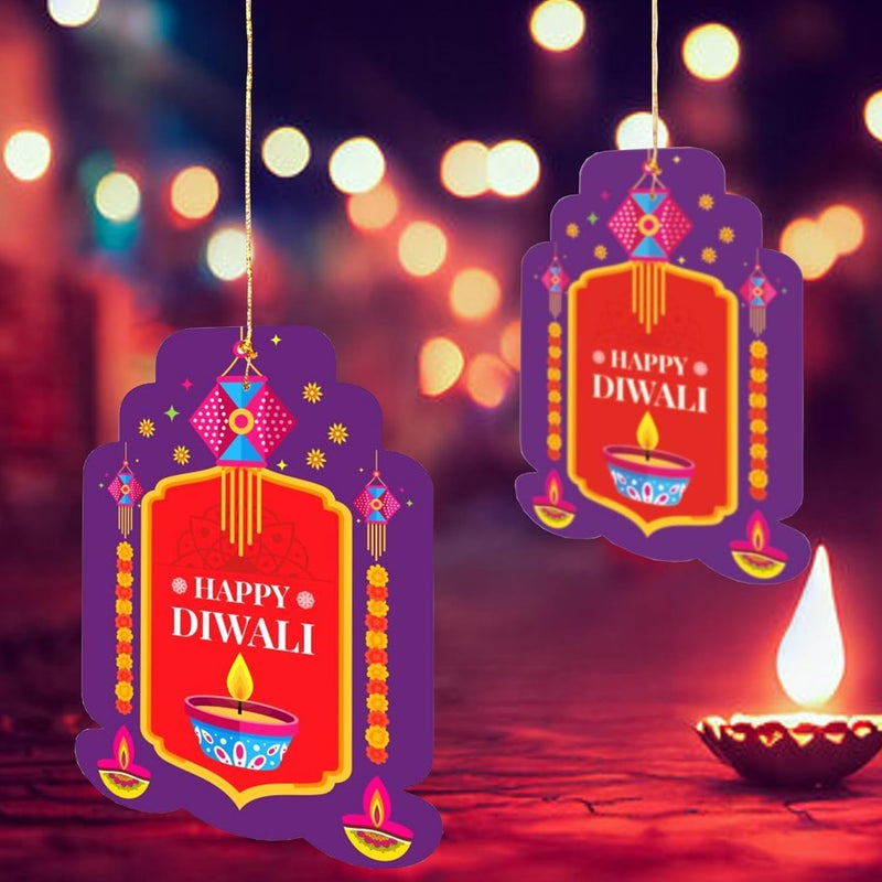 TOYXE Happy Diwali Paper Card Deepak Printed Hanging Decoration Purple Red Set of 10 Pcs | Diwali Decoration items for Offices, Home, Indoor or Outdoor Decoration - Image 1