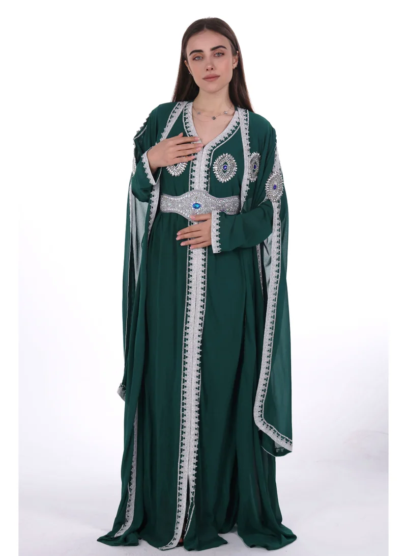 AL BENT AL SHARQIEH dark green emboidered chiffon kaftan dress for Women | Best Price UAE