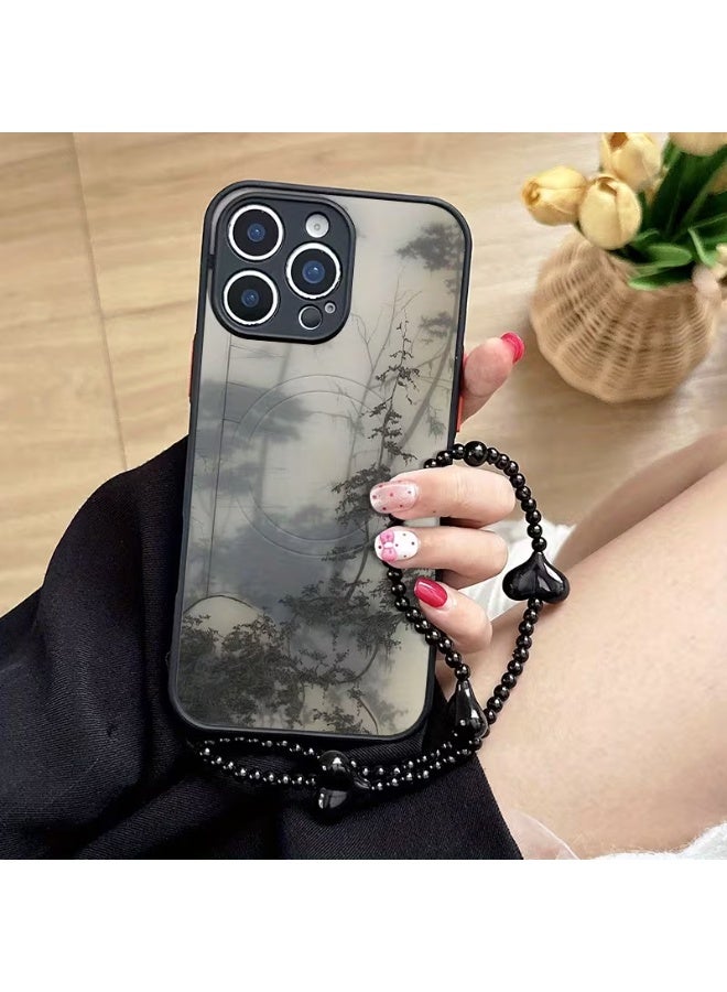 Temu Magnetic phone case with a misty tree design and black heart-shaped beaded cord; shockproof and scratch-resistant phone case compatible with iPhone 16 Pro - Image 1