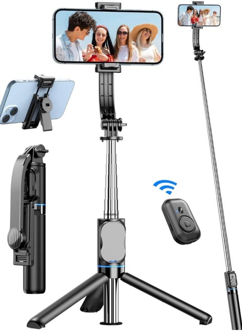 42" Extendable Phone Selfie Tripod with Fill Light, includes Phone Holder and Detachable Remote, 360° Rotatable Design, All-in-One Expandable Tripod Stand for Mobile Phones, Ideal for Travel Selfies, Videos, and Vlogging
