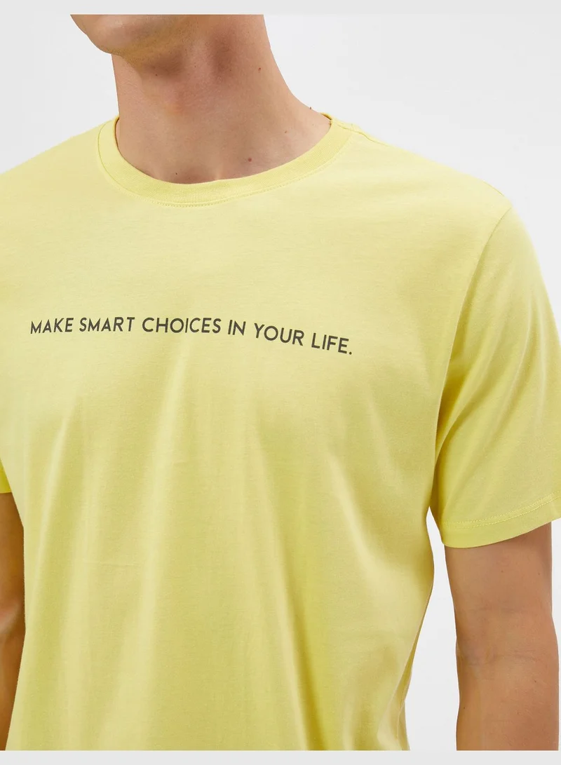 KOTON Slogan Printed Crew Neck Short Sleeve Cotton T-Shirt