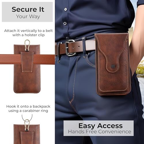 PULOKA -Multifunctional Phone Pouch - Vegan Leather - Portable Travel Holster Bag with Waist Belt - Carry Phones Upto 6", Cards, Cash - for Outdoor Sports, Hiking, Cycling, Travelling - Brown - Image 2