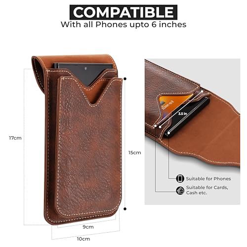PULOKA -Multifunctional Phone Pouch - Vegan Leather - Portable Travel Holster Bag with Waist Belt - Carry Phones Upto 6", Cards, Cash - for Outdoor Sports, Hiking, Cycling, Travelling - Brown - Image 4
