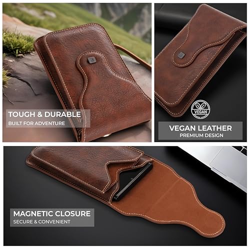 PULOKA -Multifunctional Phone Pouch - Vegan Leather - Portable Travel Holster Bag with Waist Belt - Carry Phones Upto 6", Cards, Cash - for Outdoor Sports, Hiking, Cycling, Travelling - Brown - Image 3