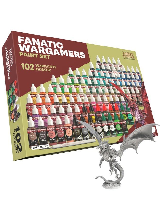 The Army Painter Warpaints Fanatic: Wargamers Paint Set, 102 x 18 ml Acrylic Paints: 86 Acrylic Colours, 6 Metallics, 4 Washes, 6 Effects and 1 FREE Basecoating brush and 1 FREE Dragon Miniature - Image 1