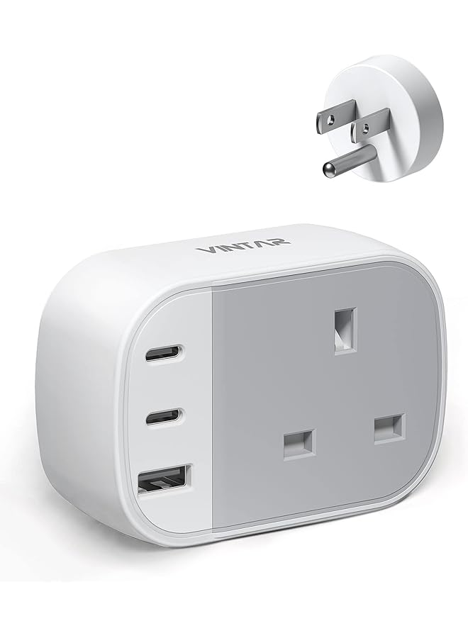 VINTAR محول فينتار من المملكة المتحدة إلى الولايات المتحدة، محول سفر أمريكي مع 2 منفذ USB C و 1 منفذ USB A، محول من المملكة المتحدة إلى الولايات المتحدة، محول أمريكي من المملكة المتحدة إلى الولايات المتحدة للولايات المتحدة والمكسيك وكندا وتايلاند والمزيد (النوع B)، 1 عبوة - Image 1