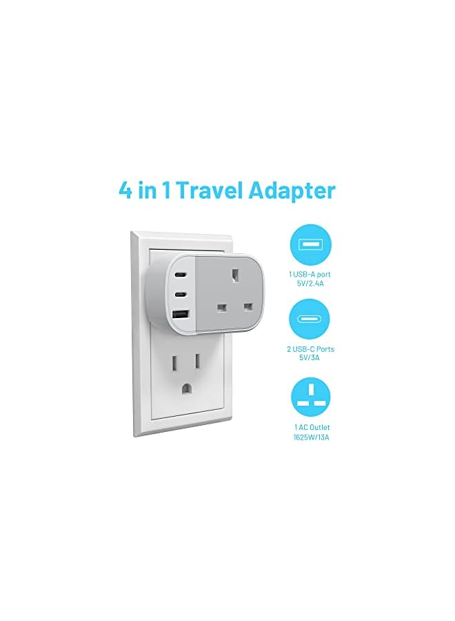 VINTAR محول فينتار من المملكة المتحدة إلى الولايات المتحدة، محول سفر أمريكي مع 2 منفذ USB C و 1 منفذ USB A، محول من المملكة المتحدة إلى الولايات المتحدة، محول أمريكي من المملكة المتحدة إلى الولايات المتحدة للولايات المتحدة والمكسيك وكندا وتايلاند والمزيد (النوع B)، 1 عبوة - Image 3