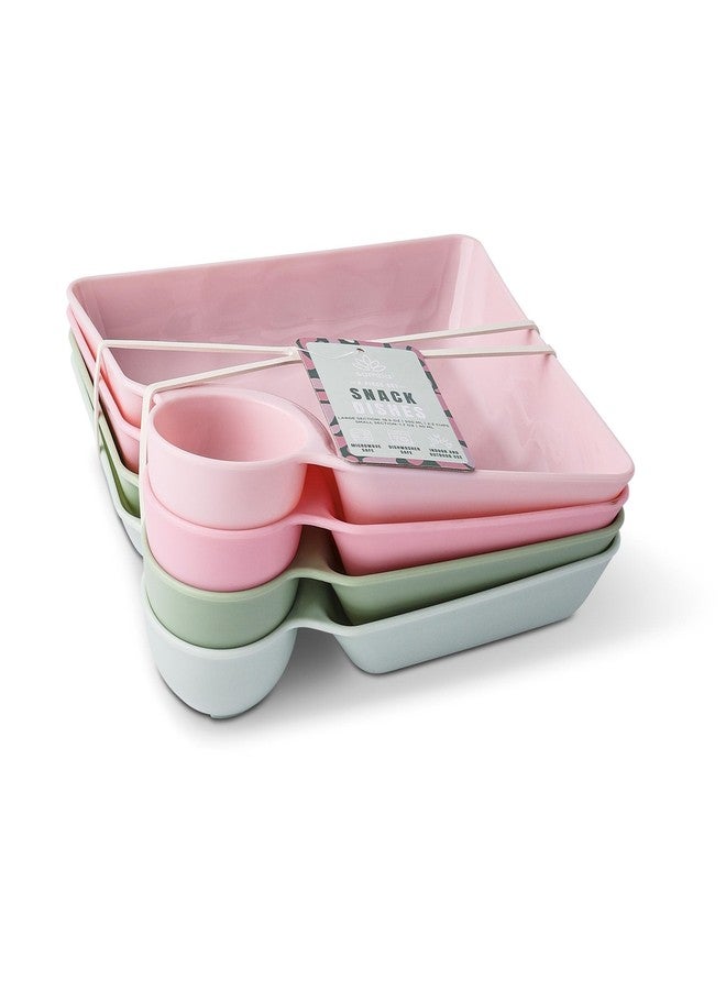 CORE HOME Snack Dish Plate With Dipping Sauce Compartment 6.5 x 7 Inch Plastic Pink and Green Assorted Set of 4
