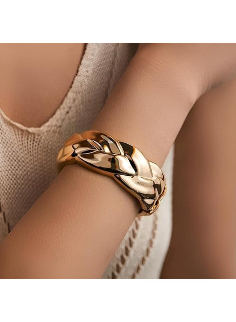 SYOSI Chunky Gold Bangle Bracelets, Wide Twisted Cuff Bracelet, Square Textured Minimalist Bangle Jewelry for Women, Fashion Statement Bracelet for Wedding, Party, Everyday Outfits, Elegant Gift - Image 1
