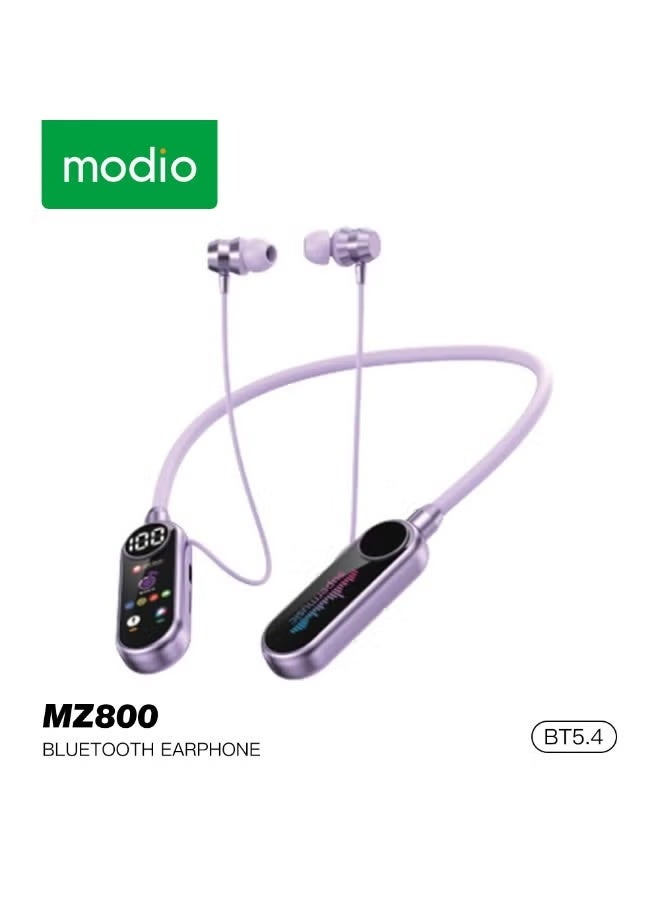 modio MZ800 Wireless Neckband Headphones with Bluetooth 5.4, LED Power Display, Super Bass Sound Quality, TF Card Support, 35-Hour Playtime, Comfortable Ergonomic Design – Premium Purple Neckband Earphones for Music, Work, Travel, Sports, Fitness, and Everyday Use in UAE - Image 1
