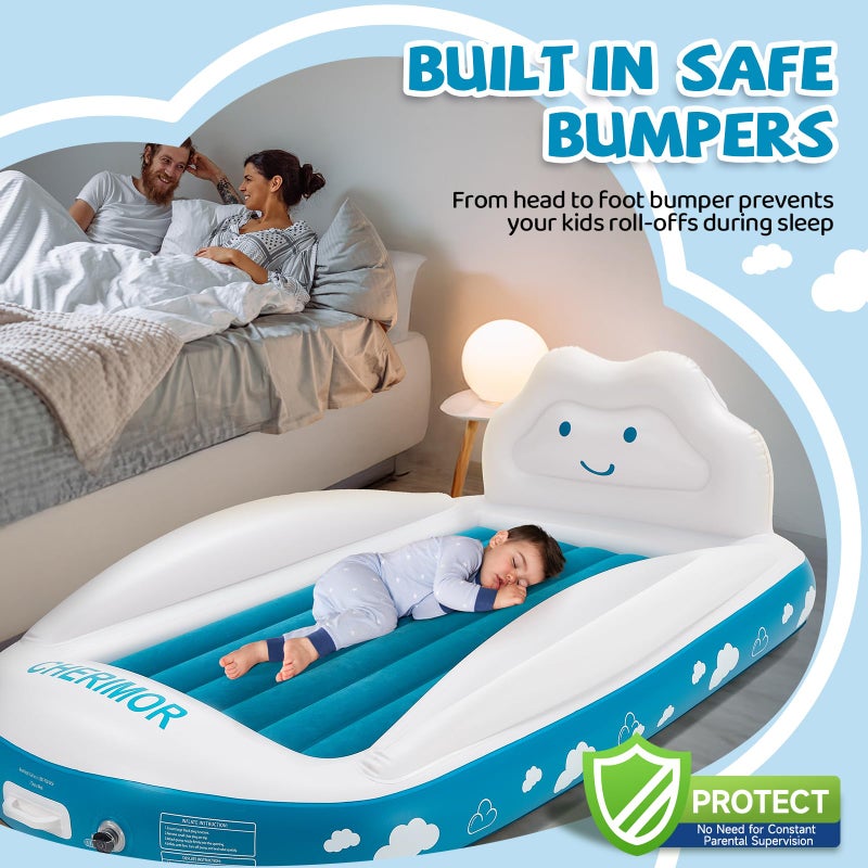 CHERIMOR Inflatable Toddler Travel Bed, Portable Toddler Bed with 4-Sides Safety Bumpers & Fast Auto Inflation Pump, Kids Air Mattress for Travel Camping, Grandma's Home Sleepovers Blow Up Mattress - Image 4