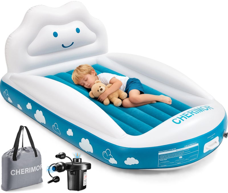 CHERIMOR Inflatable Toddler Travel Bed, Portable Toddler Bed with 4-Sides Safety Bumpers & Fast Auto Inflation Pump, Kids Air Mattress for Travel Camping, Grandma's Home Sleepovers Blow Up Mattress - Image 1