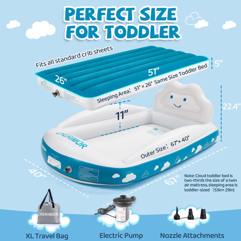 CHERIMOR Inflatable Toddler Travel Bed, Portable Toddler Bed with 4-Sides Safety Bumpers & Fast Auto Inflation Pump, Kids Air Mattress for Travel Camping, Grandma's Home Sleepovers Blow Up Mattress - Image 2