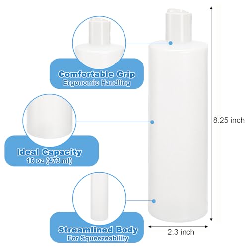 Bekith 12 Pack 16oz Plastic Squeeze Bottle with 24 Caps in 2 Styles, Refillable Plastic Bottles for Shampoo, Lotions, Liquid Body Wash, Sauce, BPA Free - Image 2