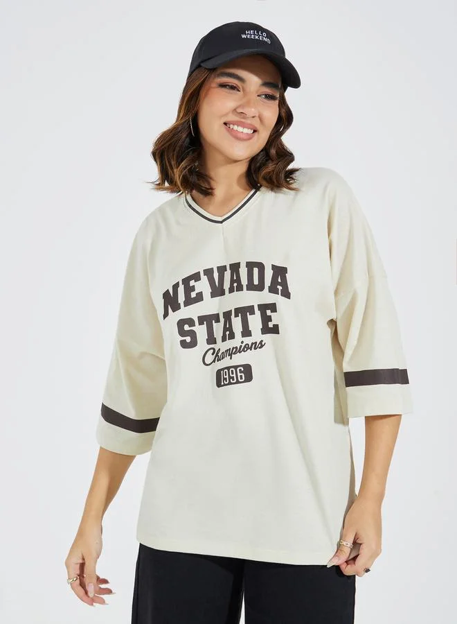 Styli Oversized Slogan Print T-Shirt with Exaggerated Sleeves