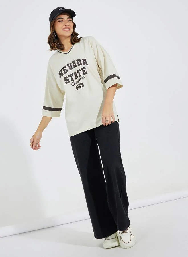 Styli Oversized Slogan Print T-Shirt with Exaggerated Sleeves