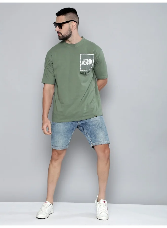 مانياك Awesome Printed Mens Round Neck 3/4th Sleeve Hunter Green Cotton Oversized T-Shirt