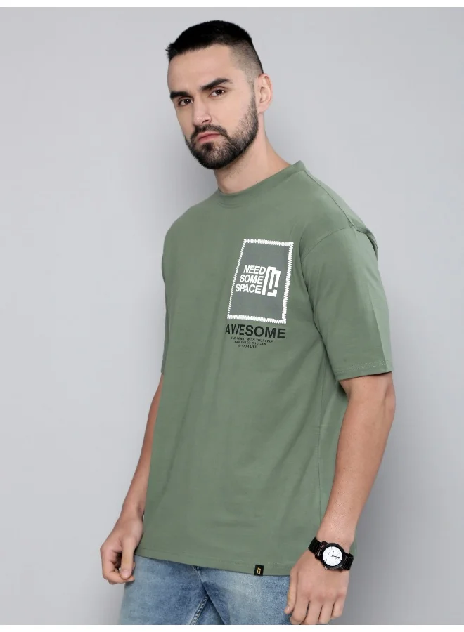 مانياك Awesome Printed Mens Round Neck 3/4th Sleeve Hunter Green Cotton Oversized T-Shirt