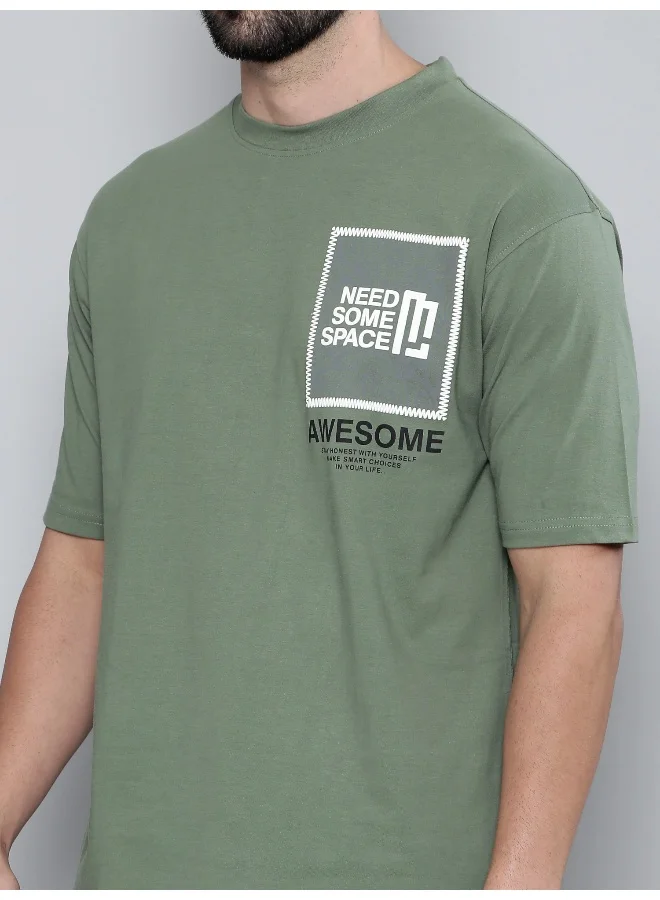 مانياك Awesome Printed Mens Round Neck 3/4th Sleeve Hunter Green Cotton Oversized T-Shirt