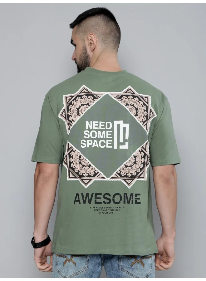 مانياك Awesome Printed Mens Round Neck 3/4th Sleeve Hunter Green Cotton Oversized T-Shirt